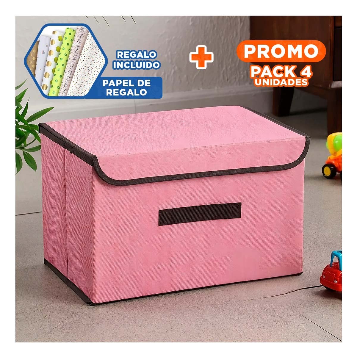 PACK4 CANASTA PLEGABLE TELA ROSADO 36X24X23CM PARA GUARDADO PRACTICO Y+PAPEL REGALO - 1