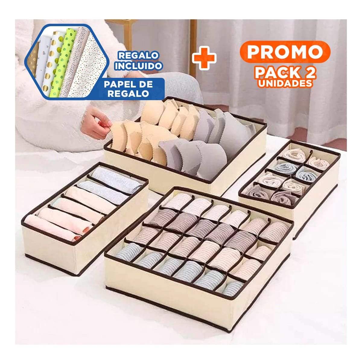 PACK2 SISTEMA HOGAR ORGANIZADORES DE CAJON PARA ROPA INTERIOR BEIGE MARRON Y+PAPEL REGALO - 1