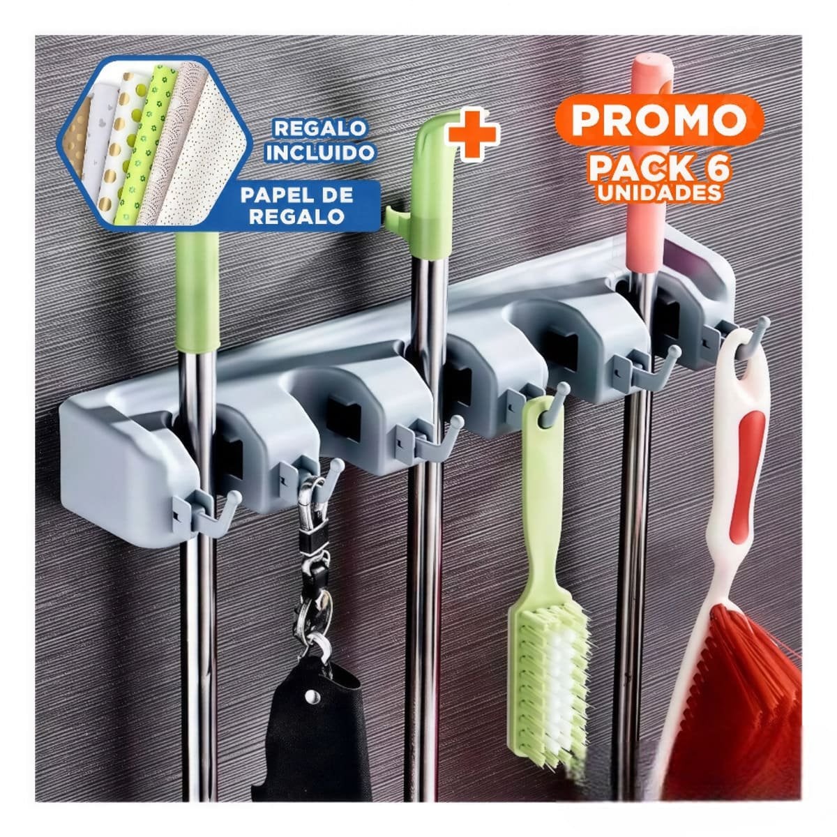 PACK6 ORGANIZADOR FUNCIONAL DE ESCOBAS CON 5 ESPACIOS PARA ORDENAR HOGAR Y+PAPEL REGALO - 1