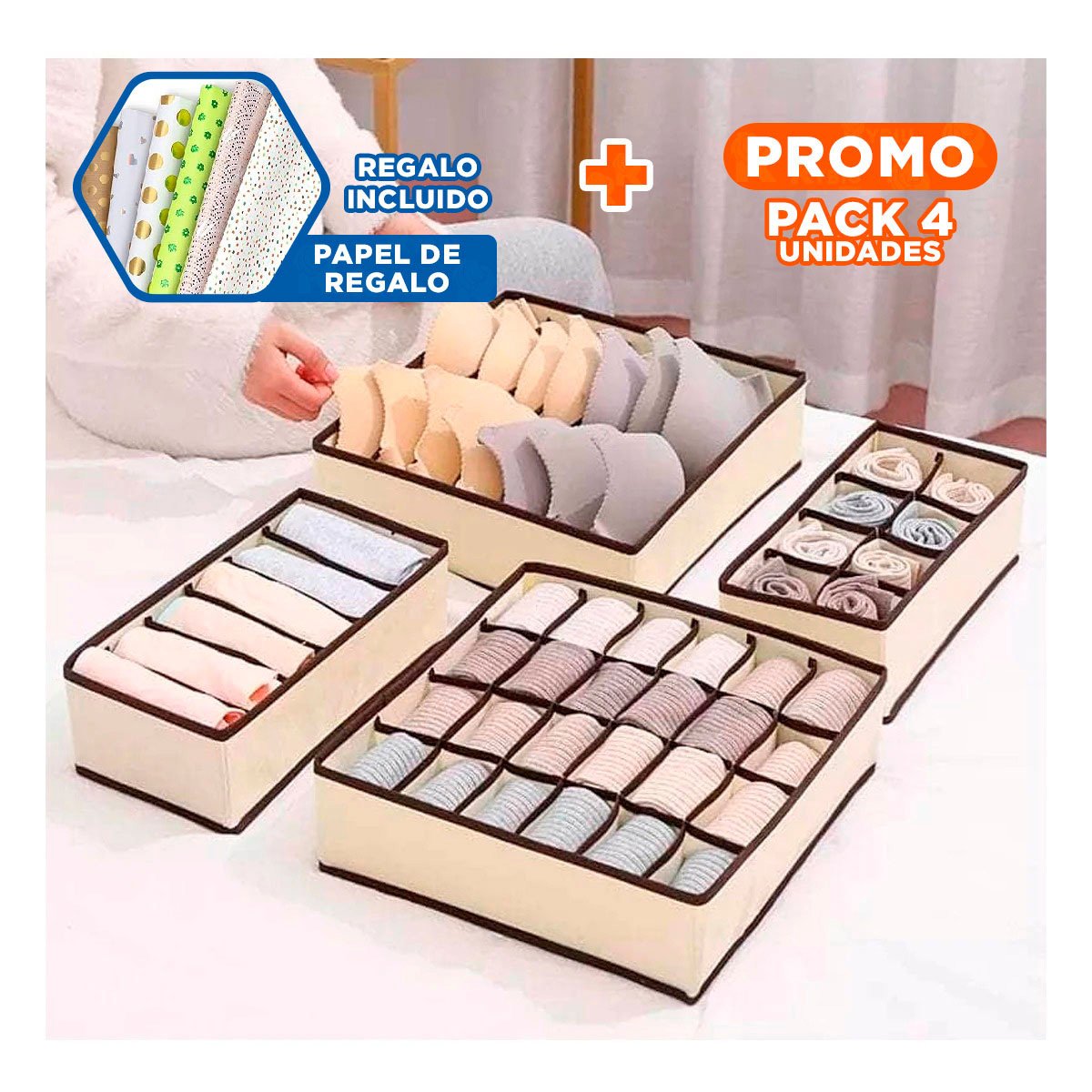 PACK4 DISENO HOGAR ORGANIZADORES DE CAJON PARA ROPA INTERIOR BEIGE MARRON Y+PAPEL REGALO - 1
