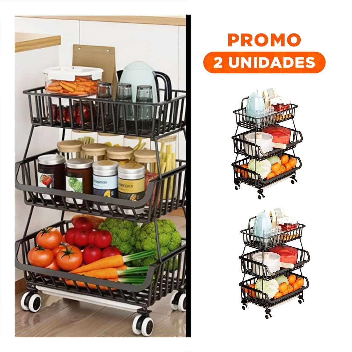 PACK2 MODULO DE 3 NIVELES PARA COCINA EN ACERO COLOR NEGRO RESISTENTE MULTIUSO - 1