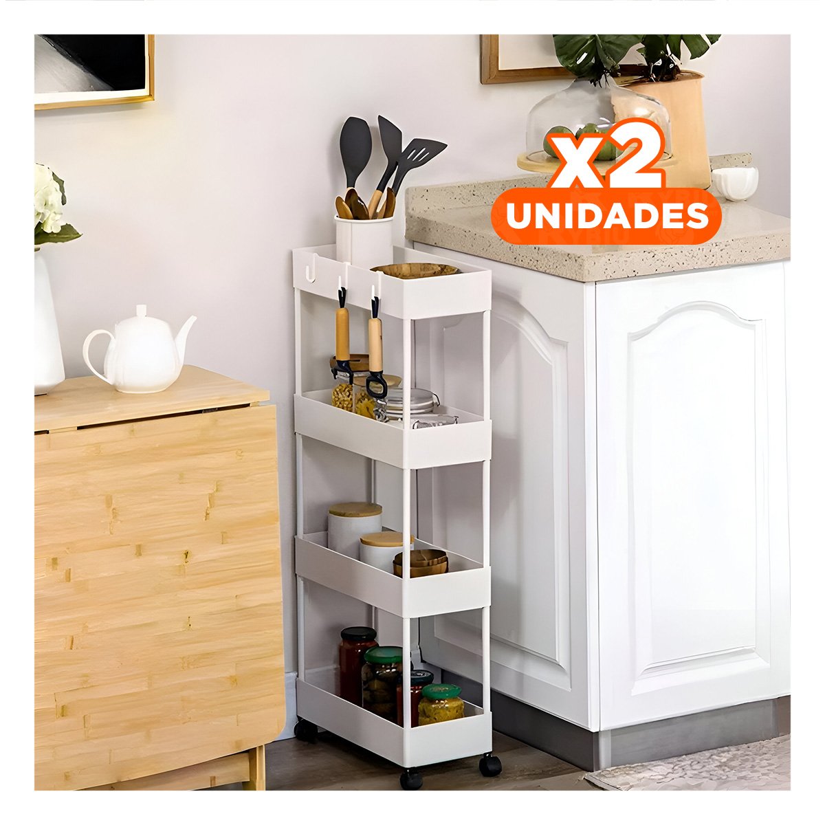 PACK2 BASE DE COCINA 4 NIVELES CON RUEDAS DELGADO BLANCO 90 X 13 X 40 CM Y+REGALO STICKER - 1