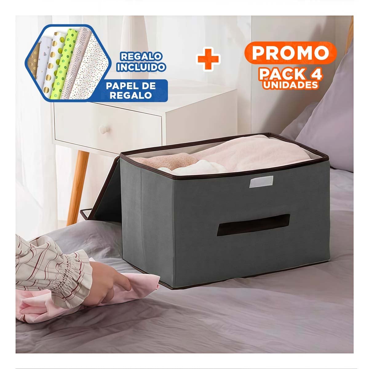 PACK4 CANASTA PLEGABLE TELA NEGRO 36X24X23CM PARA GUARDADO PRACTICO Y+PAPEL REGALO - 1