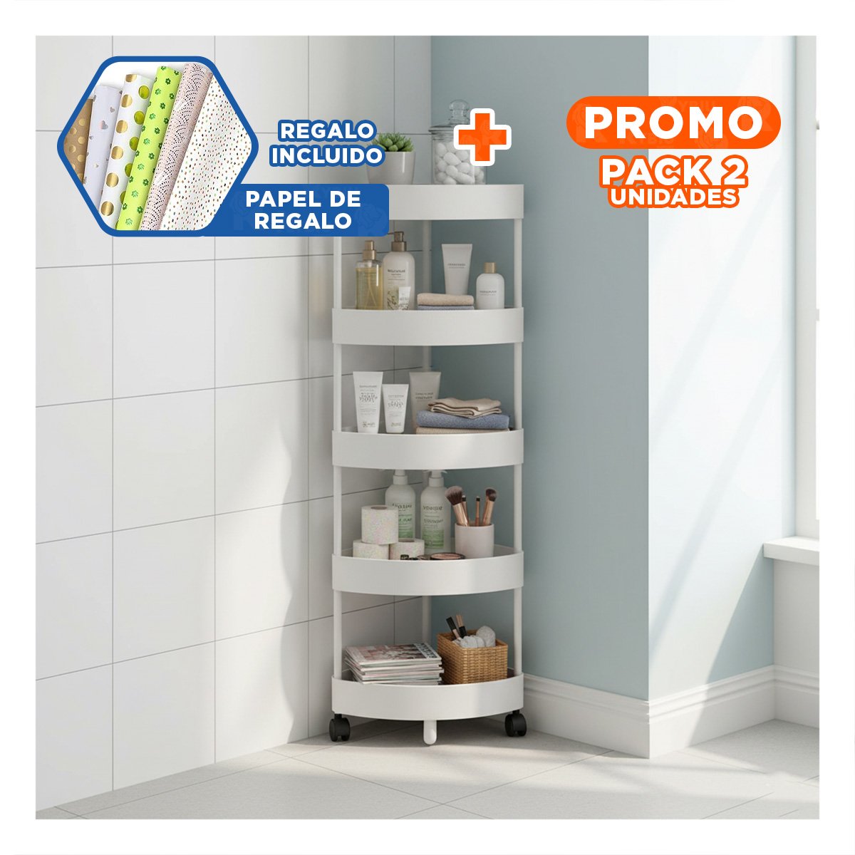 PACK2 PORTA OBJETOS ORGANIZADOR 5 NIVELES CON RUEDAS BLANCO PARA COCINA U HOGAR Y+PAPEL REGALO - 1
