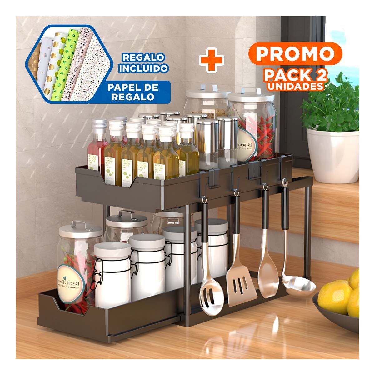 PACK2 ESTANTERO 2 NIVELES CON 2 CAJONES DESLIZABLES PRACTICO PARA HOGAR NEGRO Y+PAPEL REGALO - 1