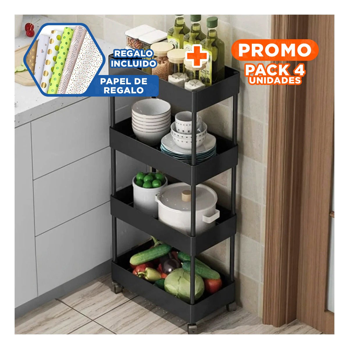 PACK4 GABINETE LATERAL DE 4 NIVELES CON 4 RUEDAS NEGRO PLASTICO MULTIUSO Y+PAPEL REGALO - 1