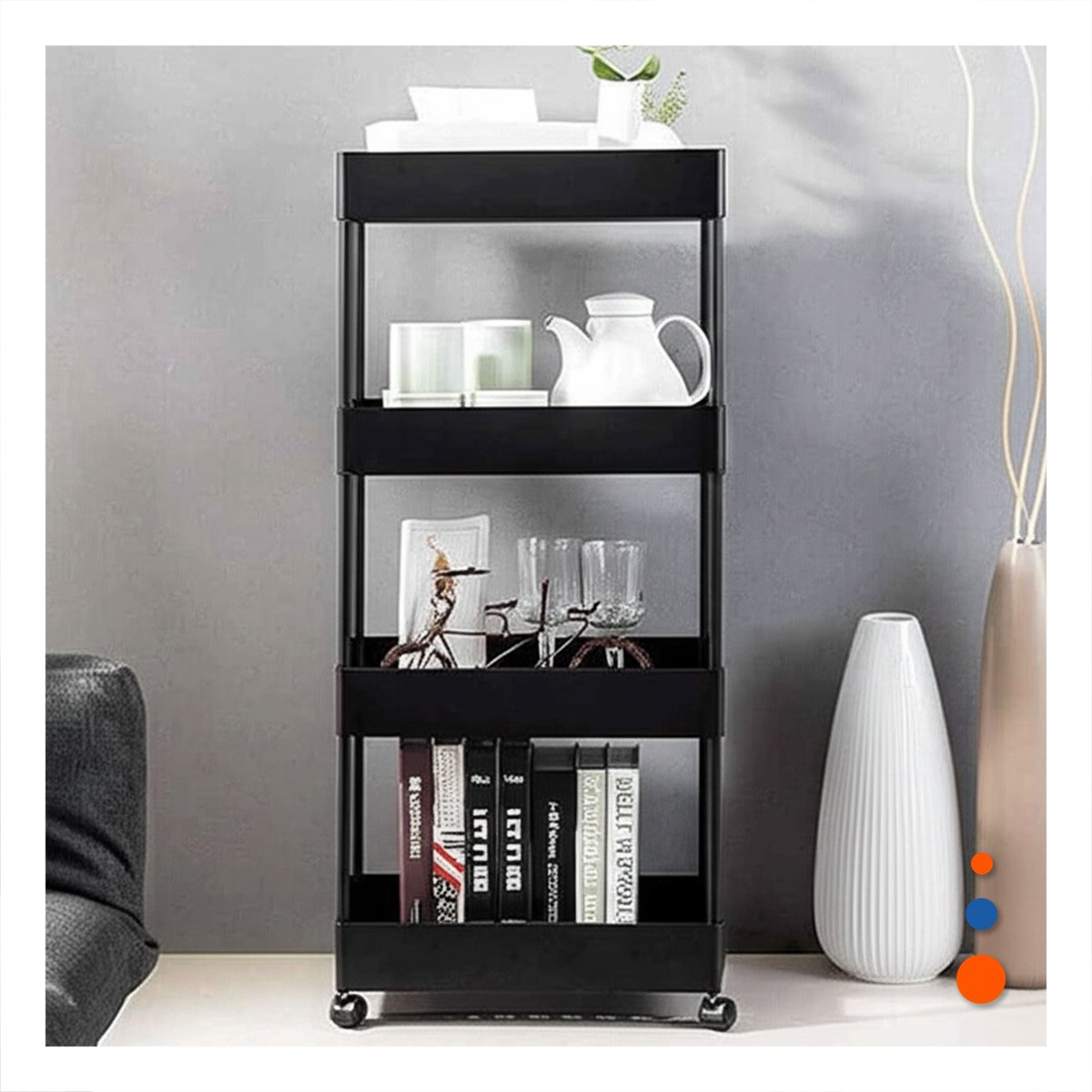 PACK4 GABINETE LATERAL DE 4 NIVELES CON 4 RUEDAS NEGRO PLASTICO MULTIUSO Y+PAPEL REGALO - 5