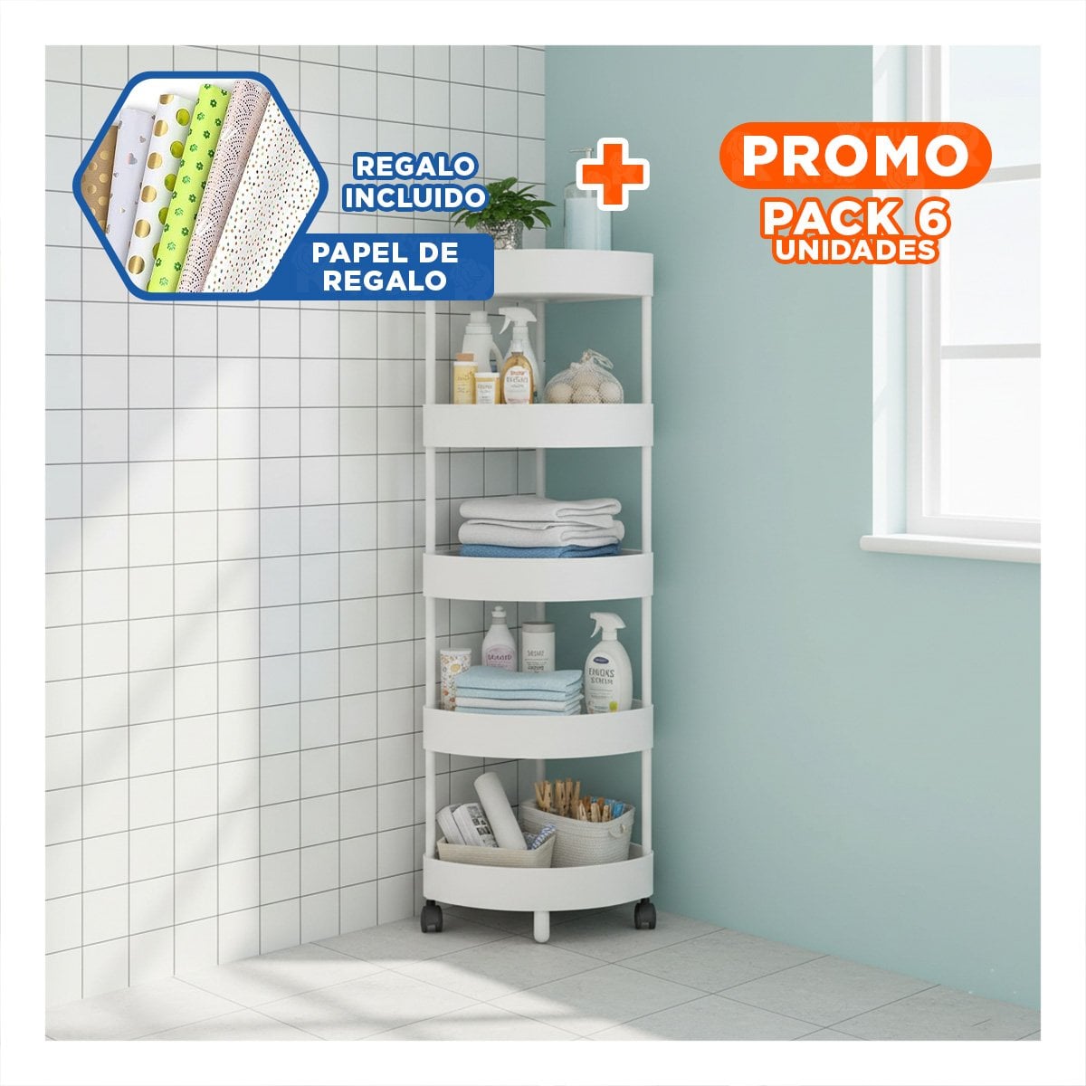 PACK6 MUEBLE ESQUINERO DE 5 NIVELES CON RUEDAS LIGERO Y FÁCIL DE MOVER BLANCO Y+PAPEL REGALO - 1