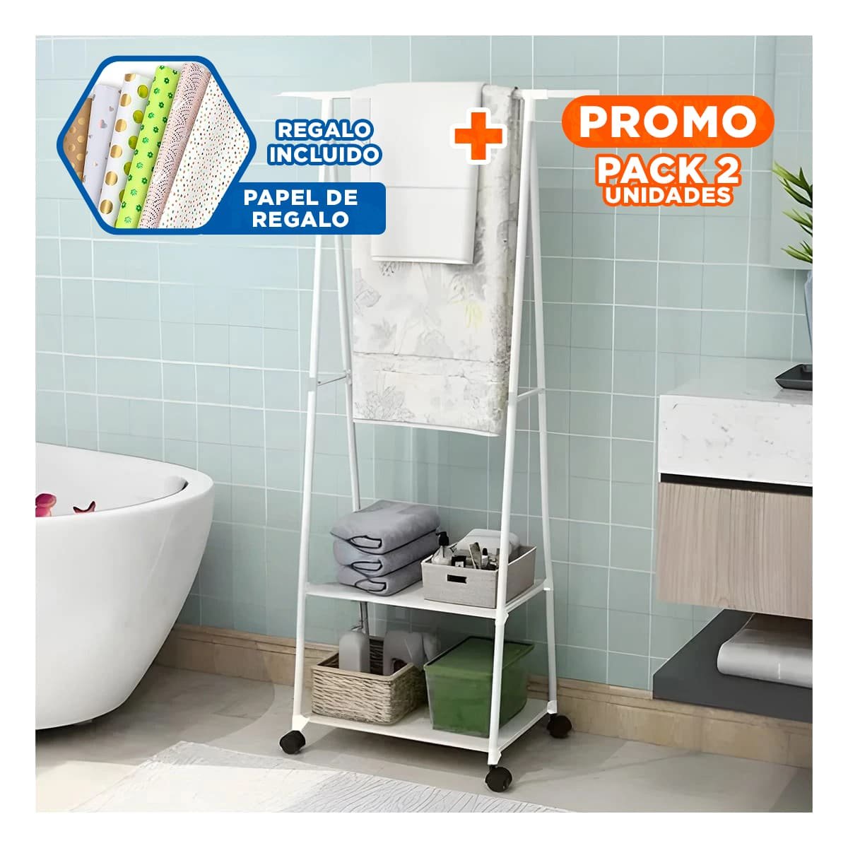 PACK2 SOPORTE TRIANGULAR CON RUEDAS COMPACTO PARA DORMITORIO O ENTRADA BLANCO Y+PAPEL REGALO - 1