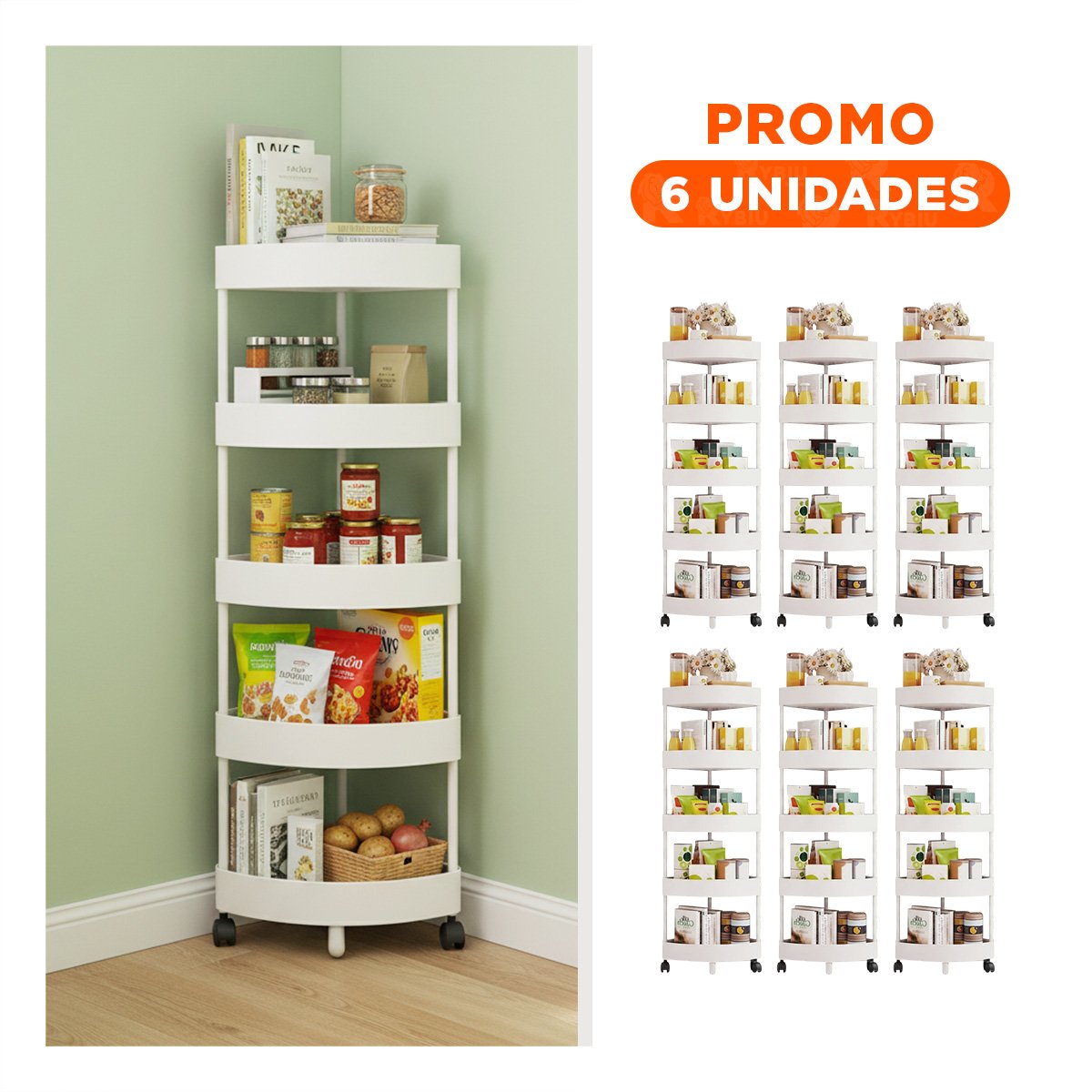 PACK6 MUEBLE ESQUINERO DE 5 NIVELES CON RUEDAS PARA ALMACENAMIENTO HOGAR BLANCO - 1