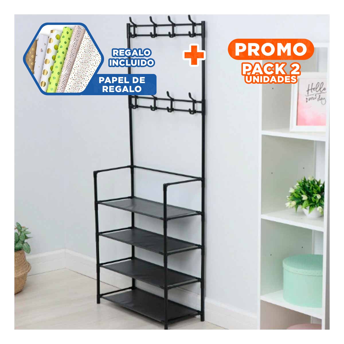 PACK2 UNIDAD VERTICAL CON PERCHEROS RECTO NEGRO PARA ZAPATOS Y+PAPEL REGALO - 1