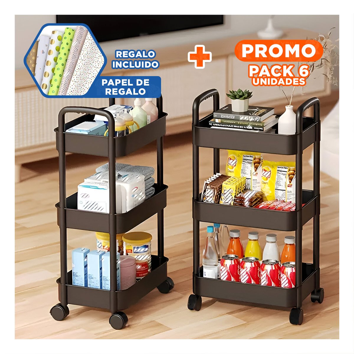 PACK6 PORTAOBJETOS AUXILIAR CON RUEDAS 3 NIVELES Y ASAS PARA CASA PLASTICO NEGRO Y+PAPEL REGALO - 1