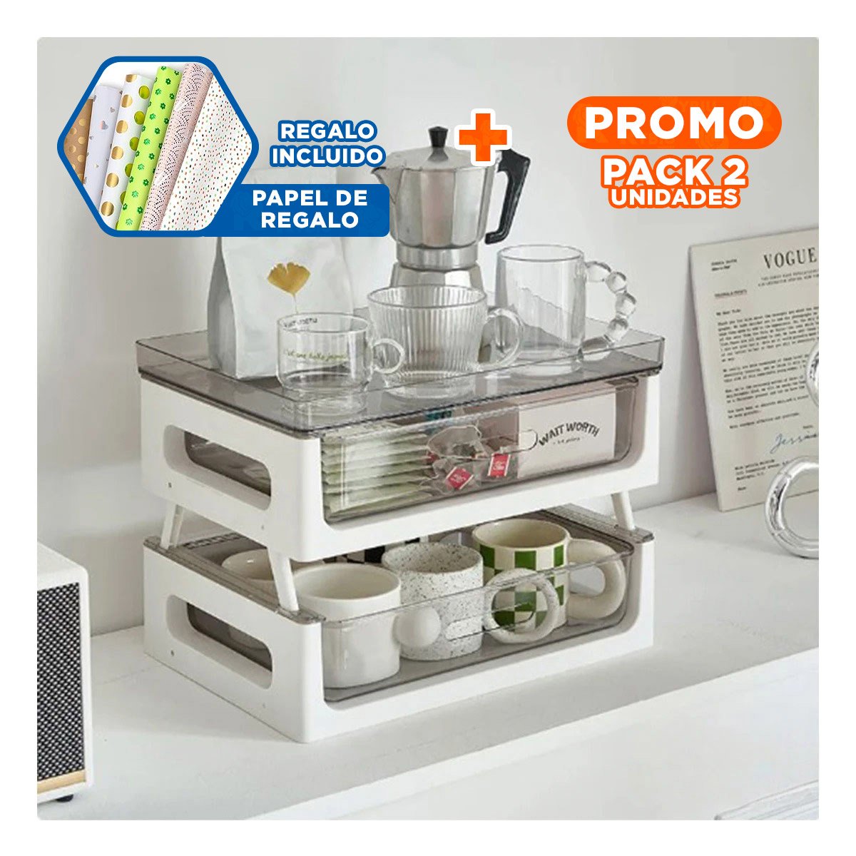 PACK2 MODULO COMPACTO DE 2 NIVELES PARA TE Y TAZAS PARA ORDENAR 39.5X27X23.5CM Y+PAPEL REGALO - 1