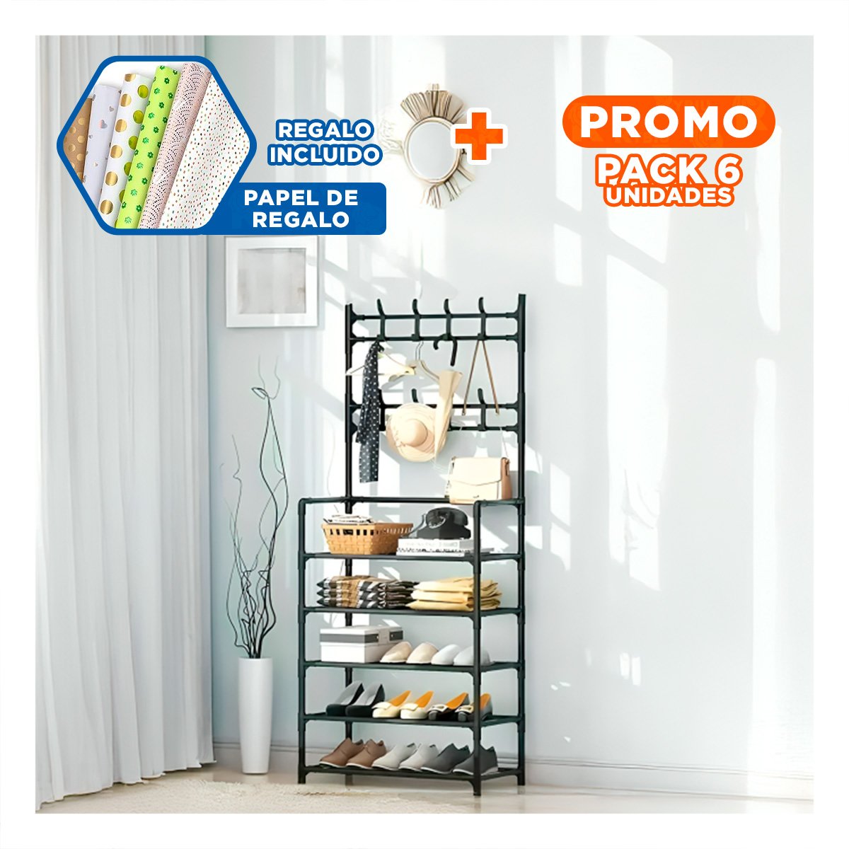 PACK6 ESTANTE COLGANTE VERTICAL PARA GUARDAR ZAPATOS 5 NIVELES NEGRO Y+PAPEL REGALO - 1