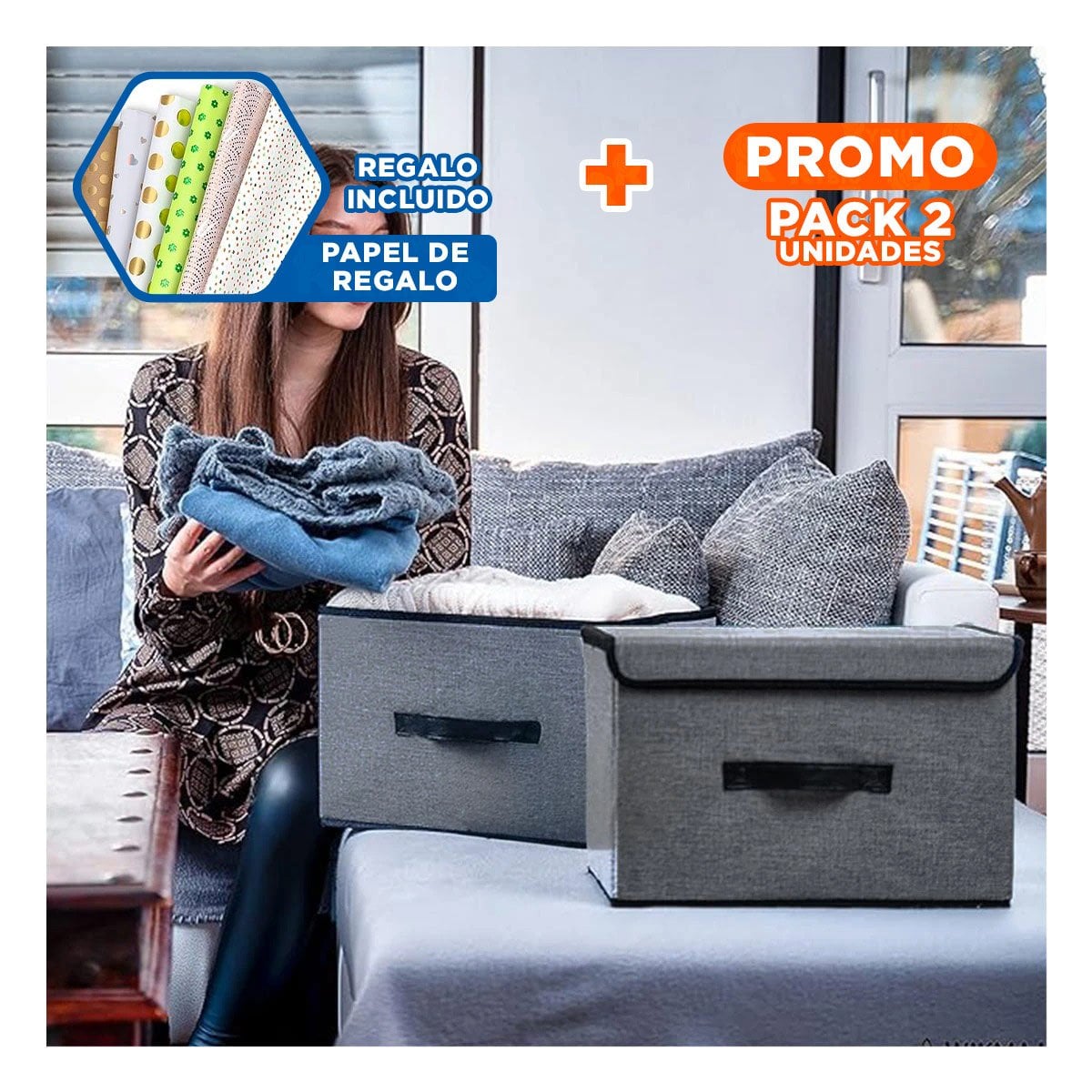 PACK2 CANASTA TEXTIL PLOMO 25X19X16CM PARA ROPA ACCESORIOS Y MAS Y+PAPEL REGALO - 1