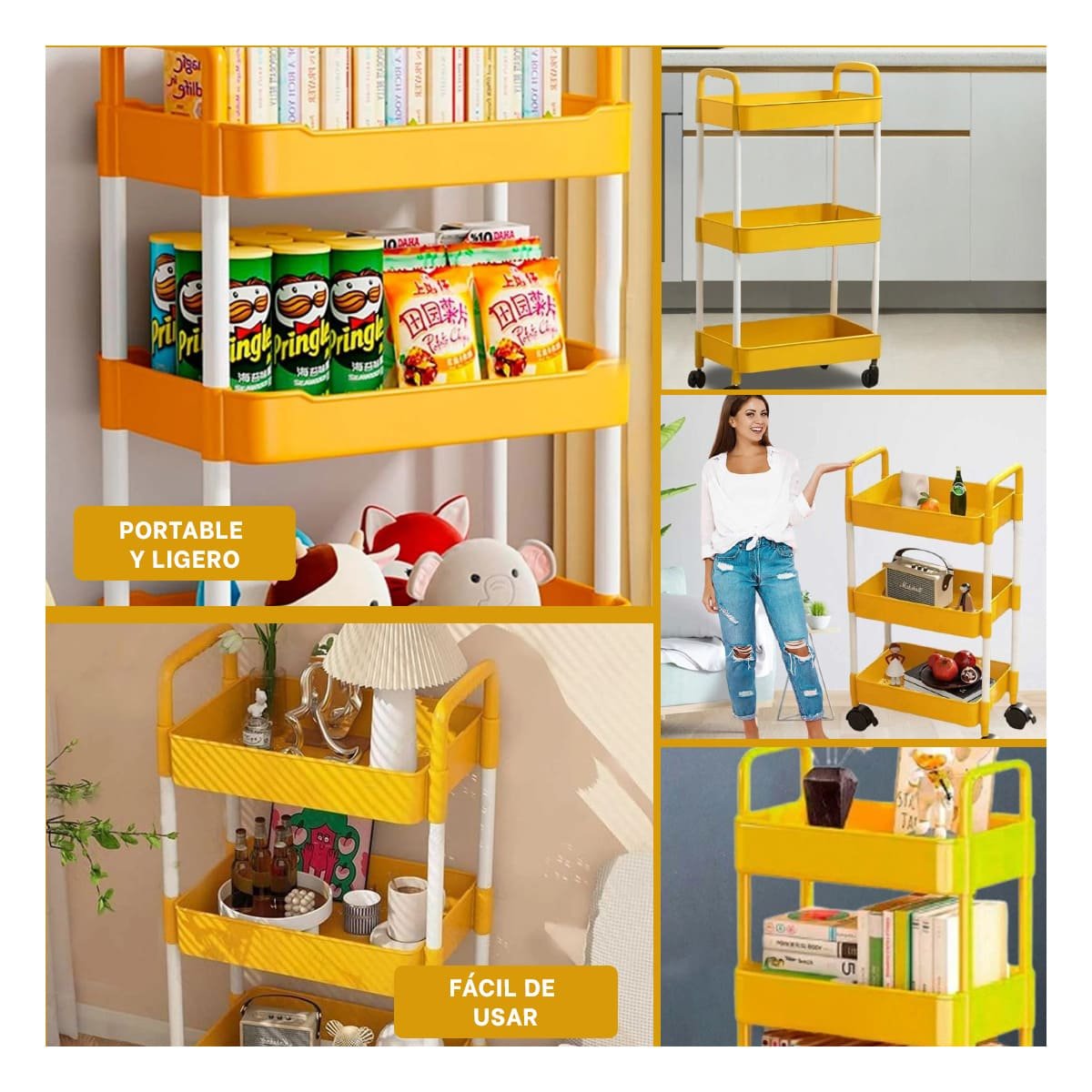 PACK4 ESTRUCTURA MOVIL DE COCINA 3 NIVELES CON RUEDAS AMARILLO PARA ORDEN Y+REGALO STICKER - 2