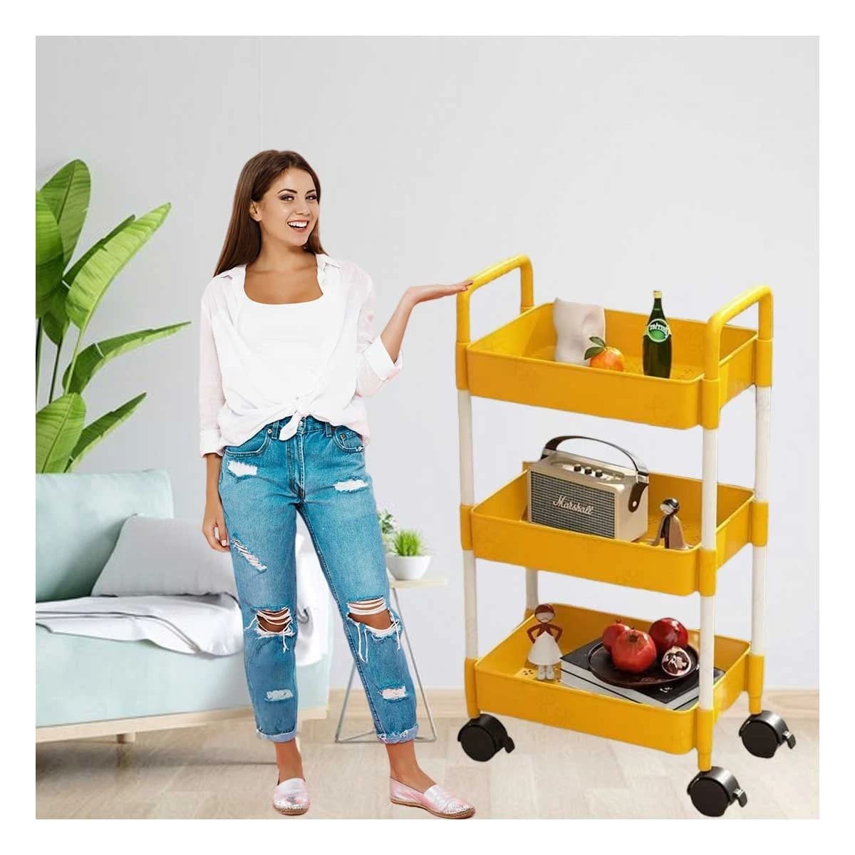 PACK4 ESTRUCTURA MOVIL DE COCINA 3 NIVELES CON RUEDAS AMARILLO PARA ORDEN Y+REGALO STICKER - 5