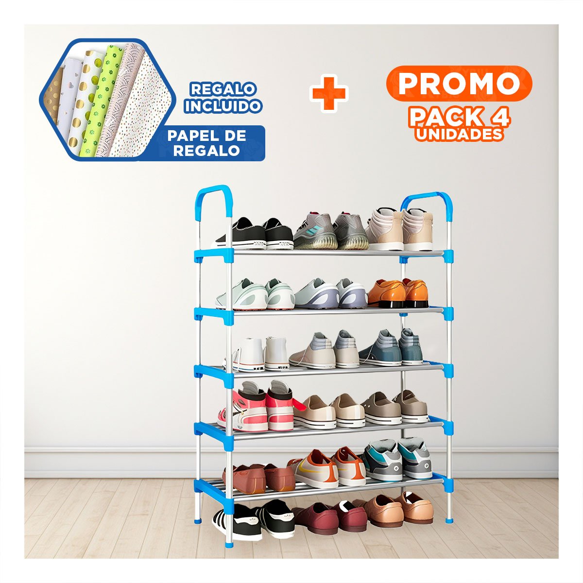 PACK4 ESTANTERIA VERTICAL CELESTE 5 NIVELES FUNCIONAL PARA MANTENER LIMPIEZA Y+PAPEL REGALO - 1