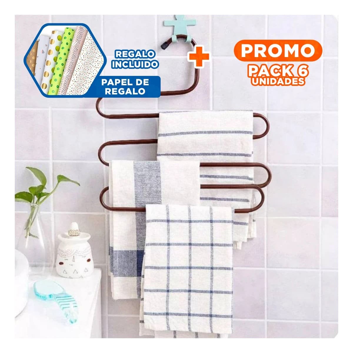 PACK6 PORTA ROPA TIPO S MARRON CON GANCHOS RESISTENTES PARA ENTRADA Y+PAPEL REGALO - 1