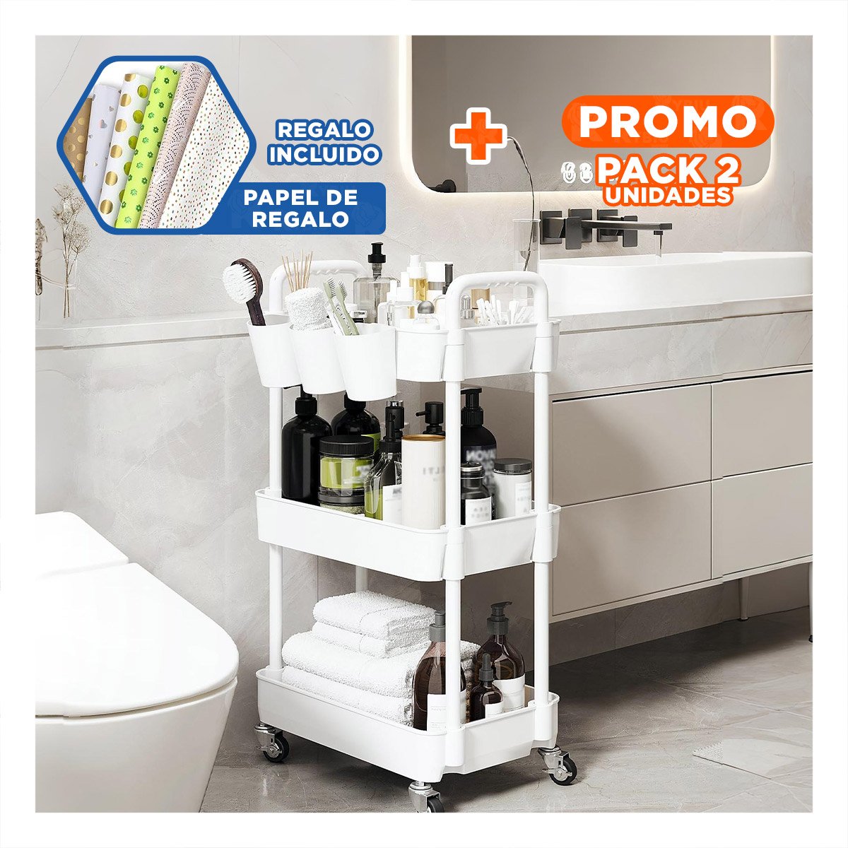 PACK2 ESTANTE RODANTE 3 NIVELES CON RUEDAS Y ASAS EN PLASTICO BLANCO HOGAR Y+PAPEL REGALO - 1