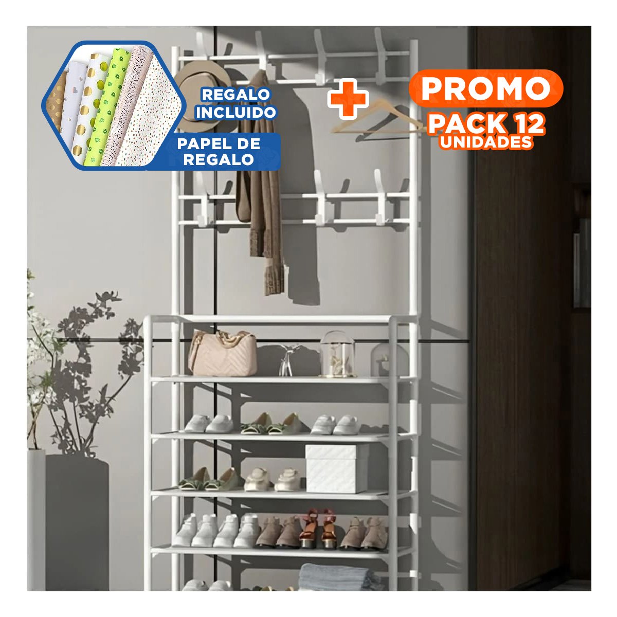 PACK12 BASE FUNCIONAL ZAPATERO CON PERCHEROS RECTO BLANCO PARA DORMITORIO Y+PAPEL REGALO - 1