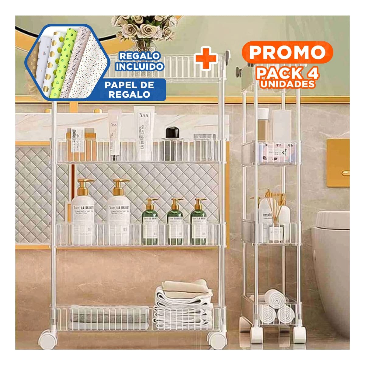 PACK4 REPISERO LATERAL 4 NIVELES CON 4 RUEDAS DISENO FUNCIONAL ACRILICO Y+PAPEL REGALO - 1
