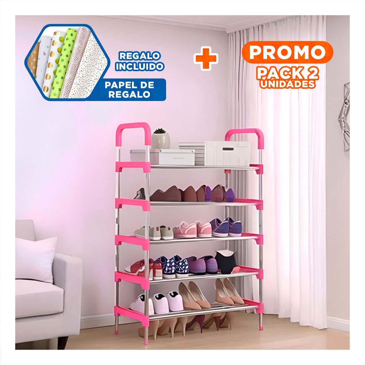 PACK2 RACK VERTICAL 5 NIVELES LIGERO Y PRACTICO PARA SALA ROSADO Y+PAPEL REGALO - 1