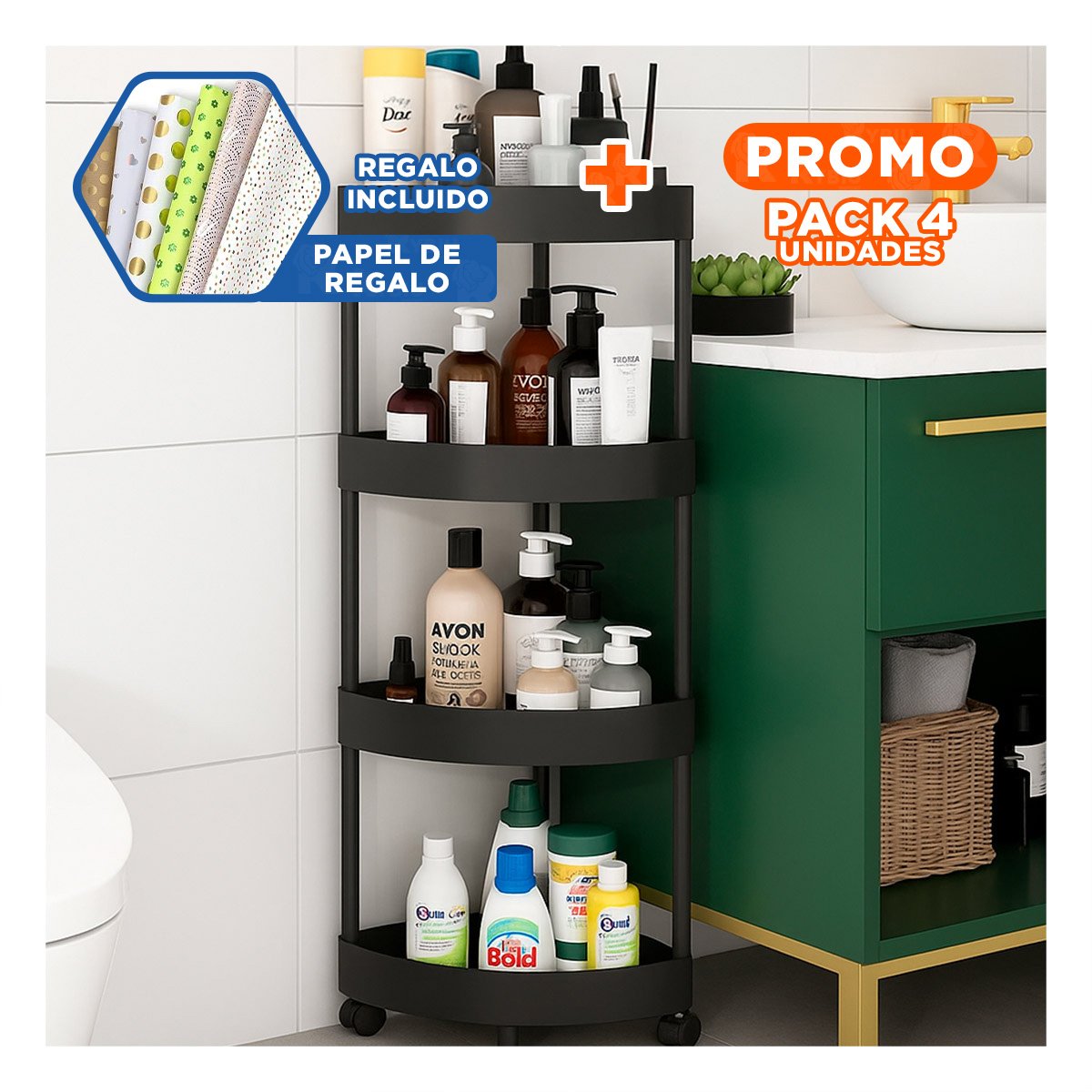 PACK4 ORGANIZADOR ESQUINERO DE 4 NIVELES CON RUEDAS NEGRO USO VERSATIL Y+PAPEL REGALO - 1