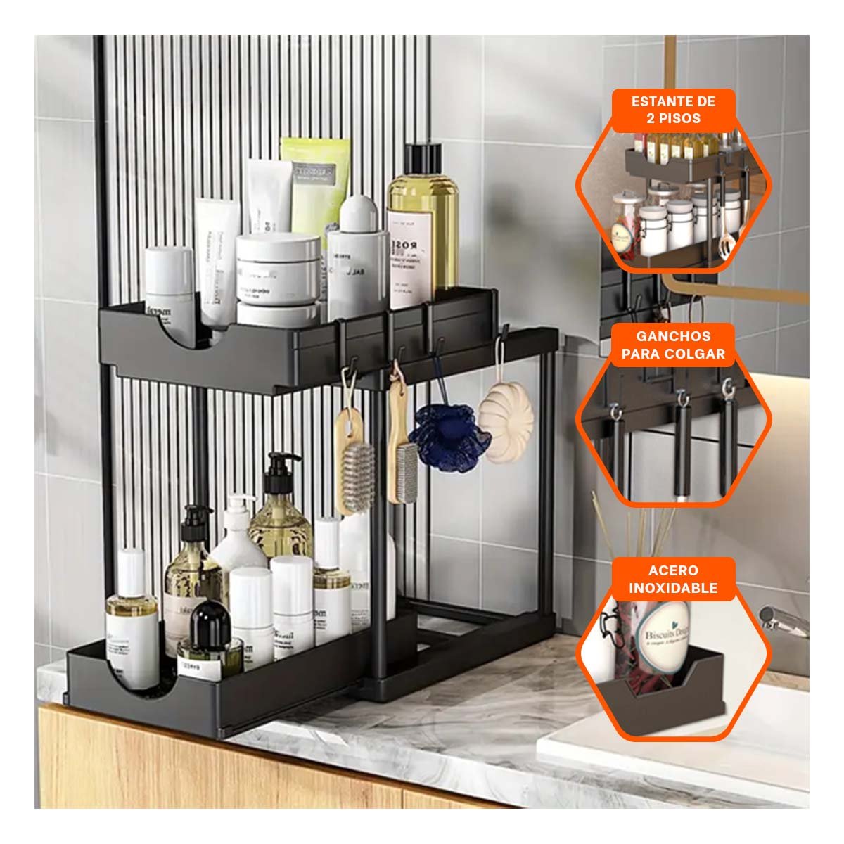 PACK6 CONTENEDOR 2 NIVELES CON 2 CAJONES DESLIZABLES PRACTICO PARA HOGAR NEGRO - 3