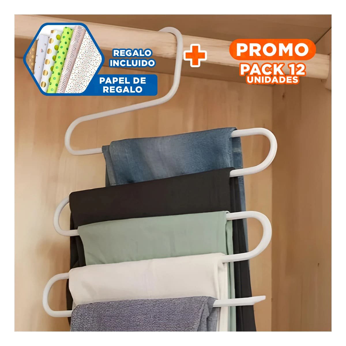 PACK12 RACK MULTIFUNCIONAL TIPO S DISENO MODERNO PARA ROPA BLANCO HOGAR MAX Y+PAPEL REGALO - 1