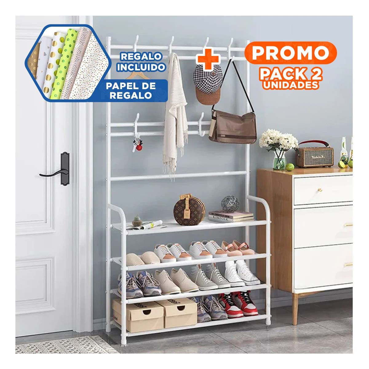 PACK2 EXHIBIDOR VERTICAL DE ZAPATOS CON PERCHEROS CURVOS BLANCO Y+PAPEL REGALO - 1