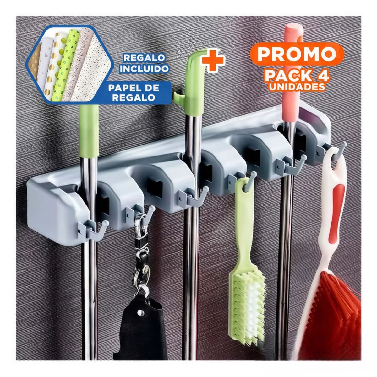 PACK4 ACCESORIO FUNCIONAL DE ESCOBAS CON 5 ESPACIOS PARA CASA PLOMO Y+PAPEL REGALO - 1