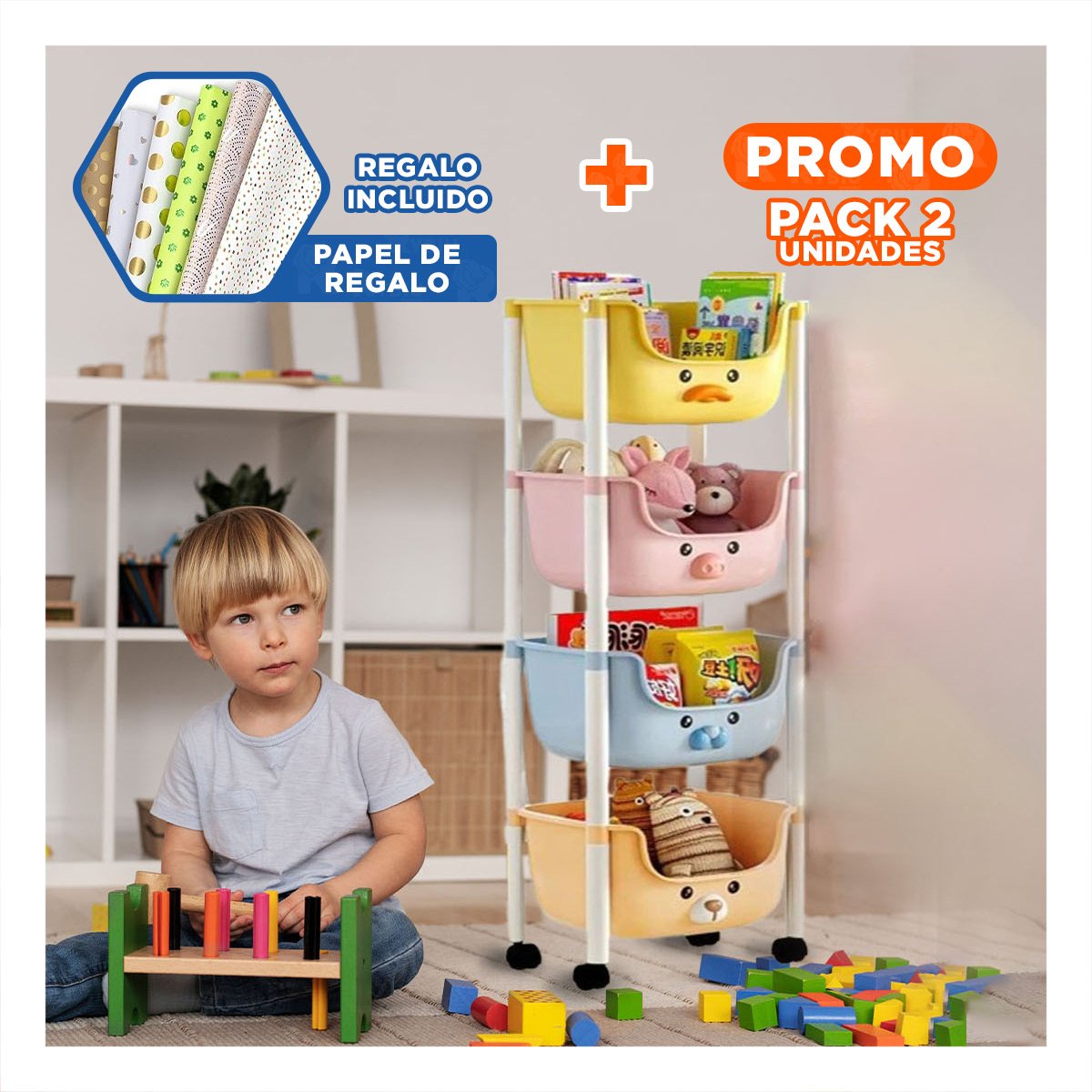 PACK2 CONTENEDOR KAWAII 4 NIVELES ESTILO TIERNO Y FUNCIONAL 4 PERSONAJES Y+PAPEL REGALO - 1