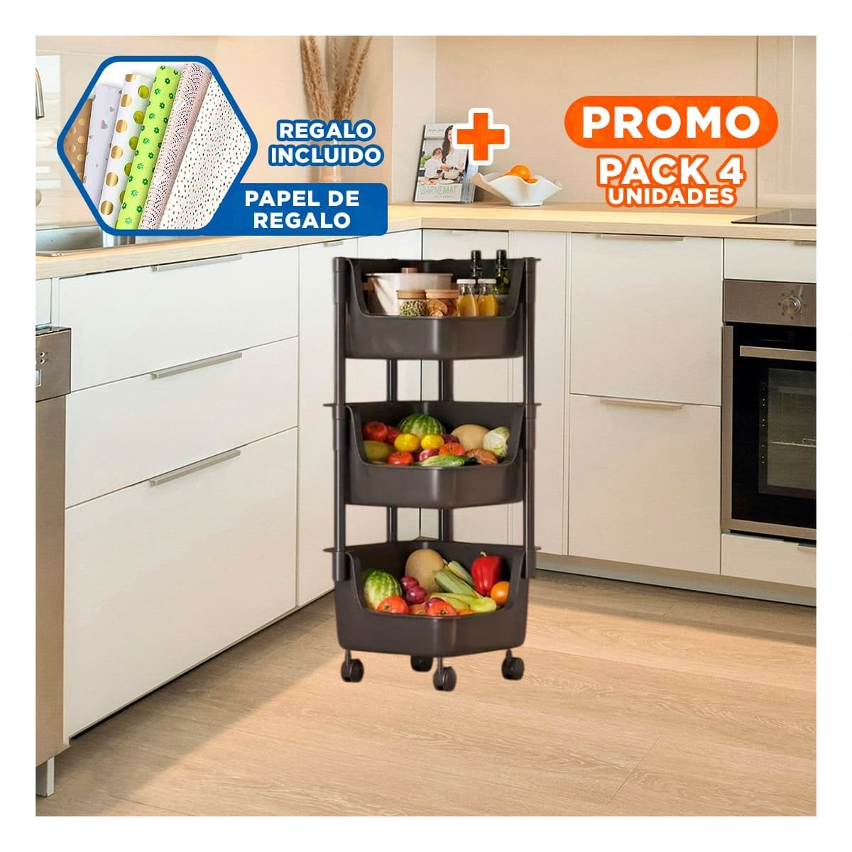 PACK4 TORRE CUADRADA DE 3 NIVELES CON RUEDAS ESTRUCTURA RESISTENTE Y+PAPEL REGALO - 1