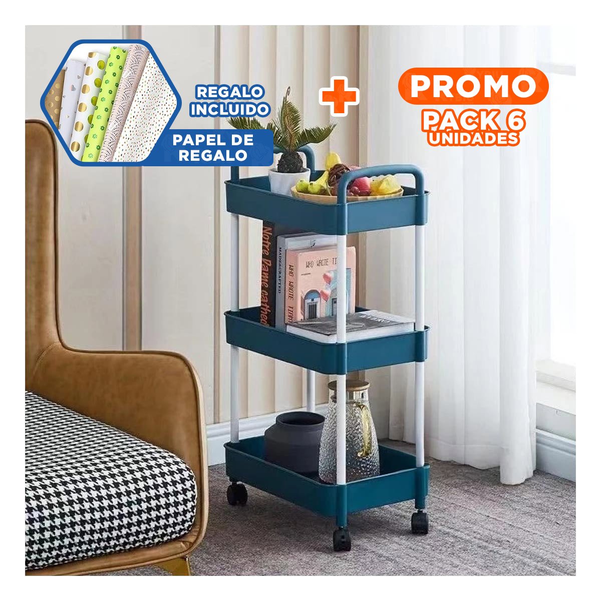 PACK6 COMPLEMENTO MOVIL DE COCINA 3 NIVELES CON RUEDAS AZUL DOMESTICO Y+PAPEL REGALO - 1