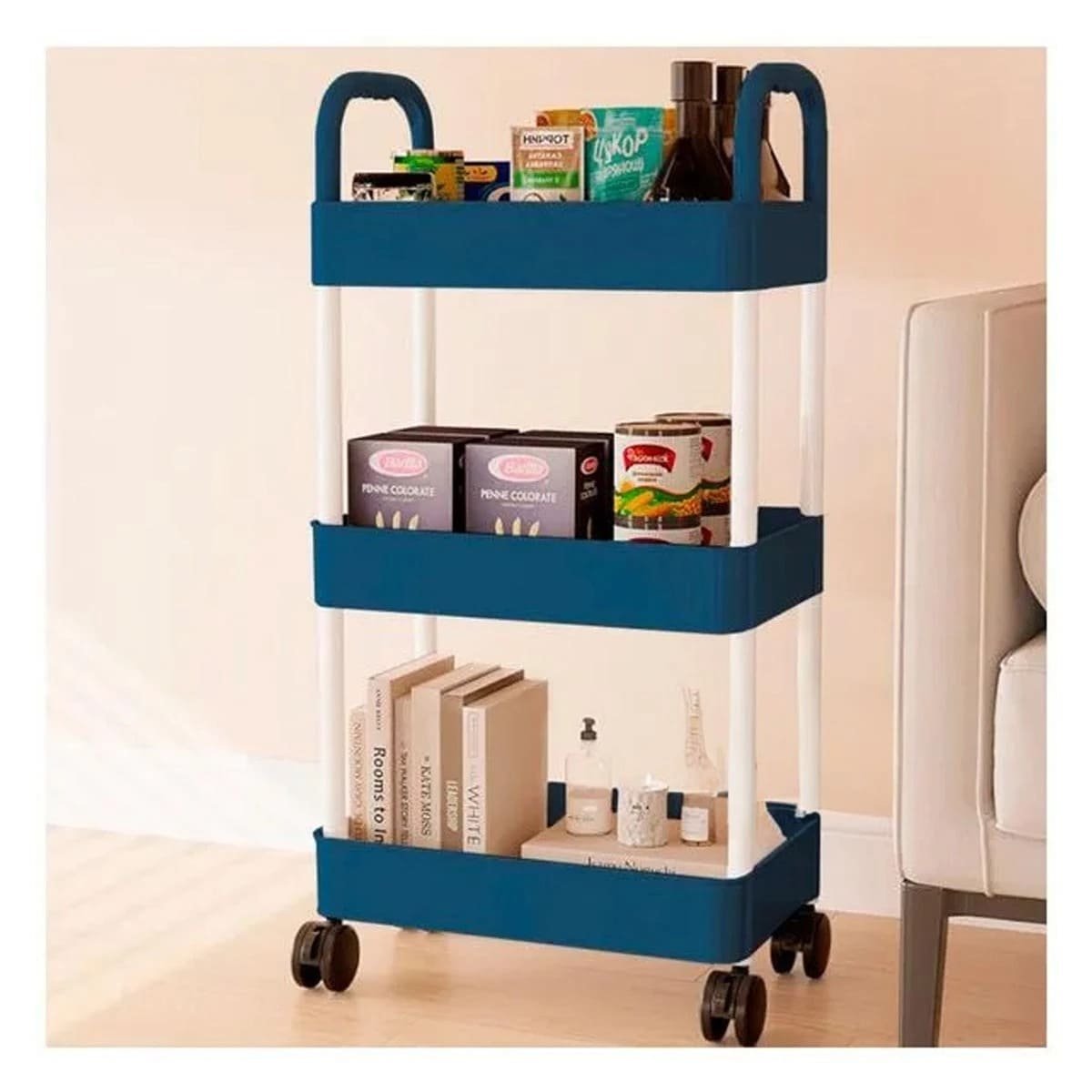 PACK6 COMPLEMENTO MOVIL DE COCINA 3 NIVELES CON RUEDAS AZUL DOMESTICO Y+PAPEL REGALO - 2