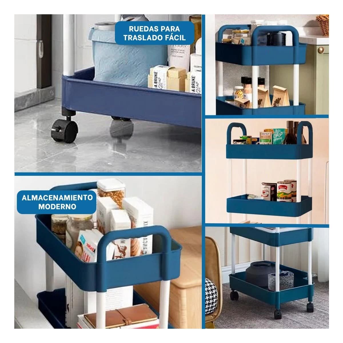 PACK6 COMPLEMENTO MOVIL DE COCINA 3 NIVELES CON RUEDAS AZUL DOMESTICO Y+PAPEL REGALO - 3