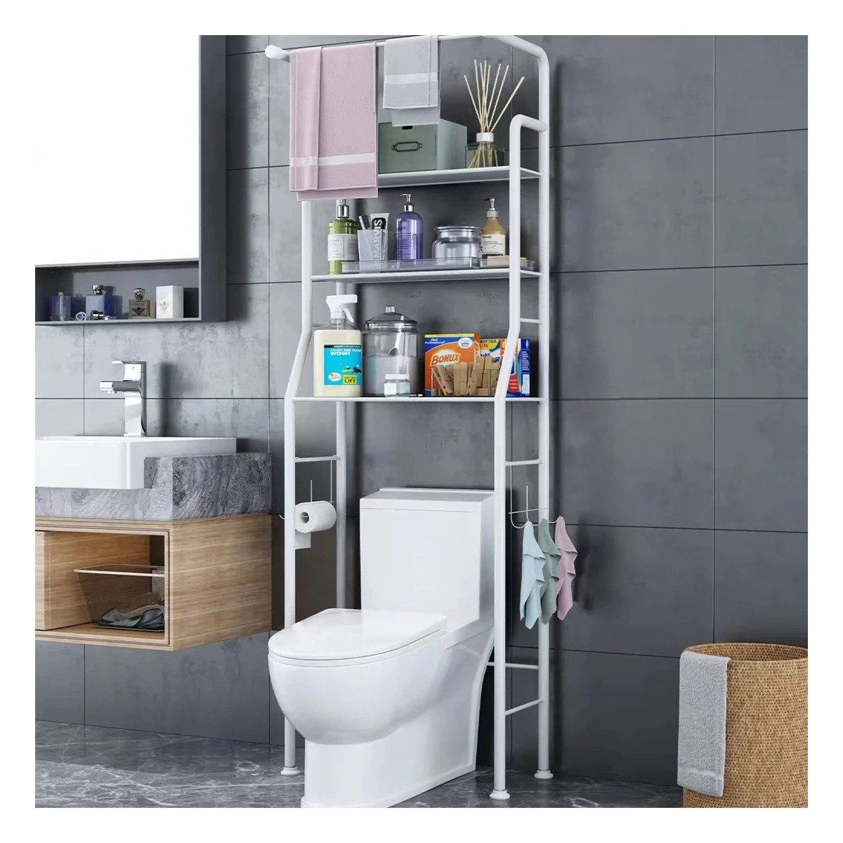 SOPORTE FIJO PARA HIGIENE CON TRES NIVELES Y COLGADOR PARA TOALLA BLANCO Y+LIGAS REGALO - 2