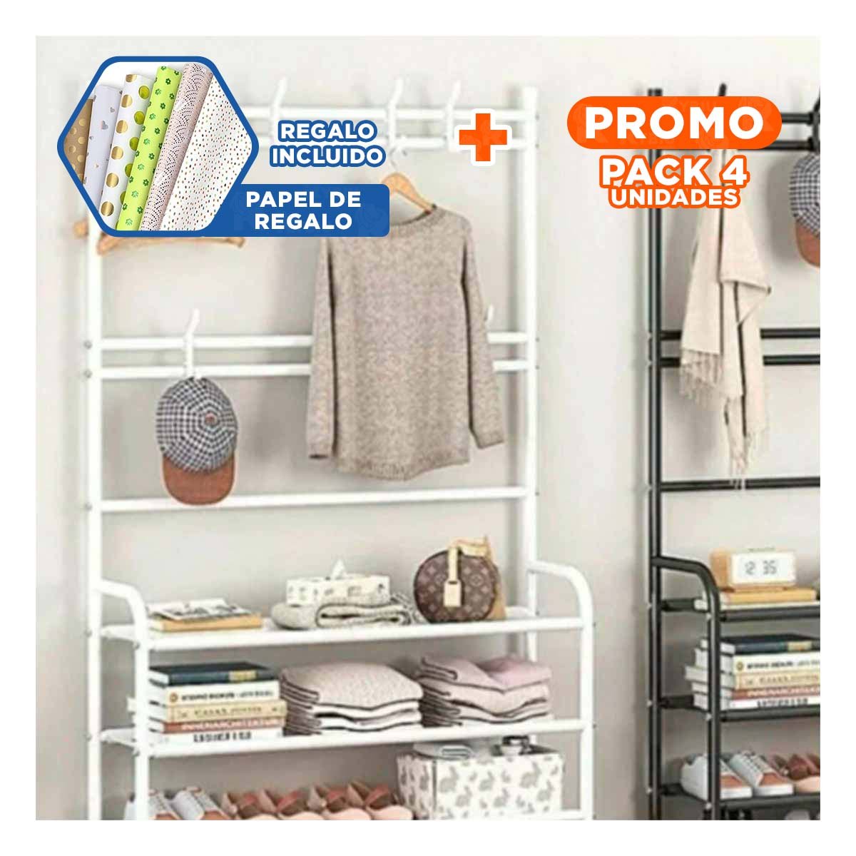 PACK4 ESTANTE DOMESTICO DE CALZADO CON PERCHEROS CURVOS BLANCO Y+PAPEL REGALO - 1