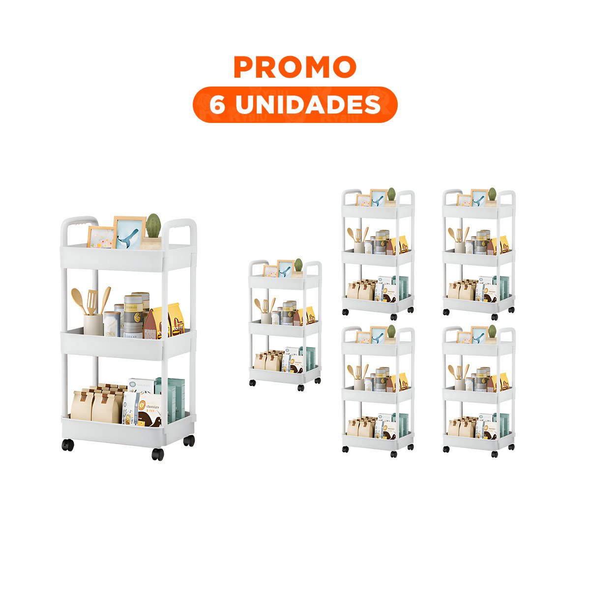 PACK6 REPISA RODANTE 3 NIVELES CON RUEDAS Y ASAS PLASTICO BLANCO HOGAR - 1