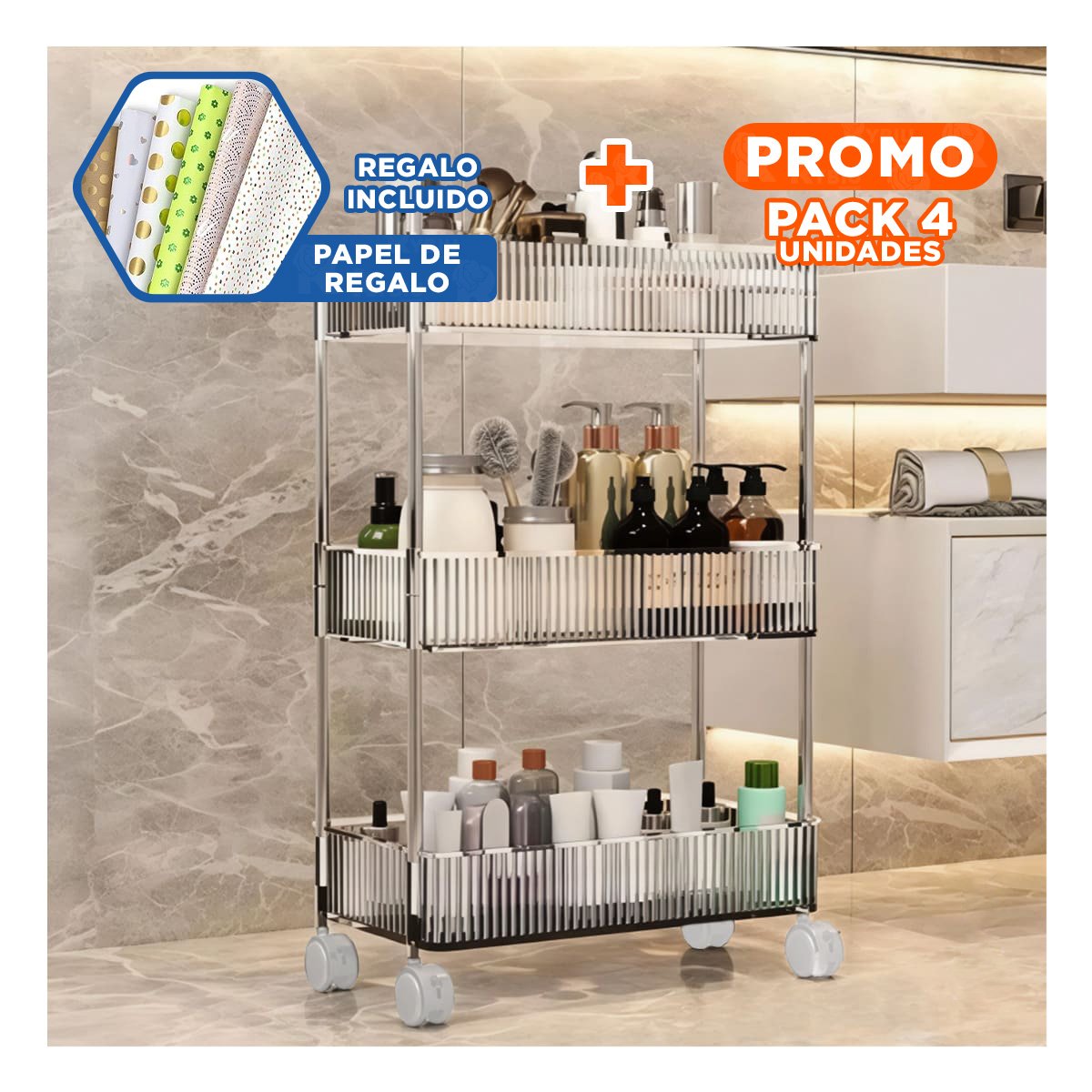 PACK4 ESTRUCTURA LATERAL 3 NIVELES CON 4 RUEDAS DISENO FUNCIONAL ACRILICO Y+PAPEL REGALO - 1