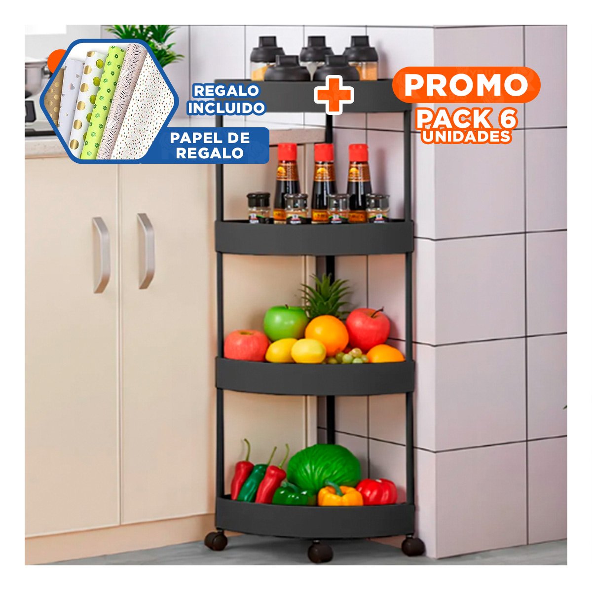 PACK6 ESTANTERO ANGULAR DE 4 NIVELES CON RUEDAS NEGRO PRACTICO PARA ESPACIOS Y+PAPEL REGALO - 1