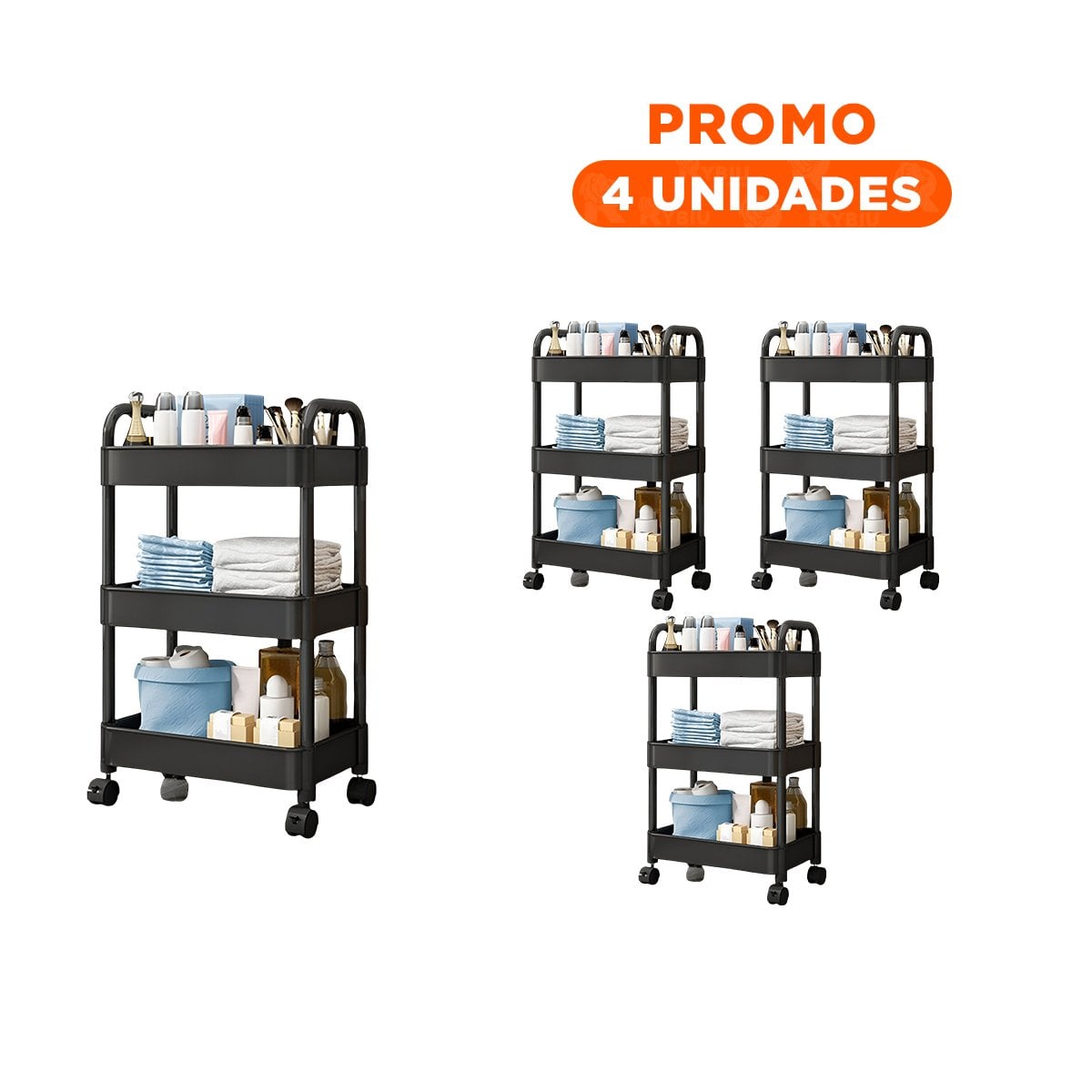 PACK4 ALMACENADOR DE HOGAR 3 NIVELES CON RUEDAS Y ASAS PLASTICO NEGRO Y+REGALO STICKER - 1