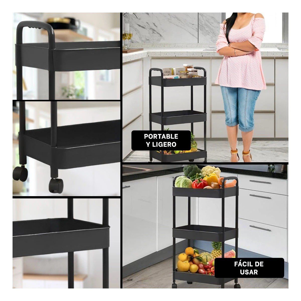 PACK4 ALMACENADOR DE HOGAR 3 NIVELES CON RUEDAS Y ASAS PLASTICO NEGRO Y+REGALO STICKER - 2