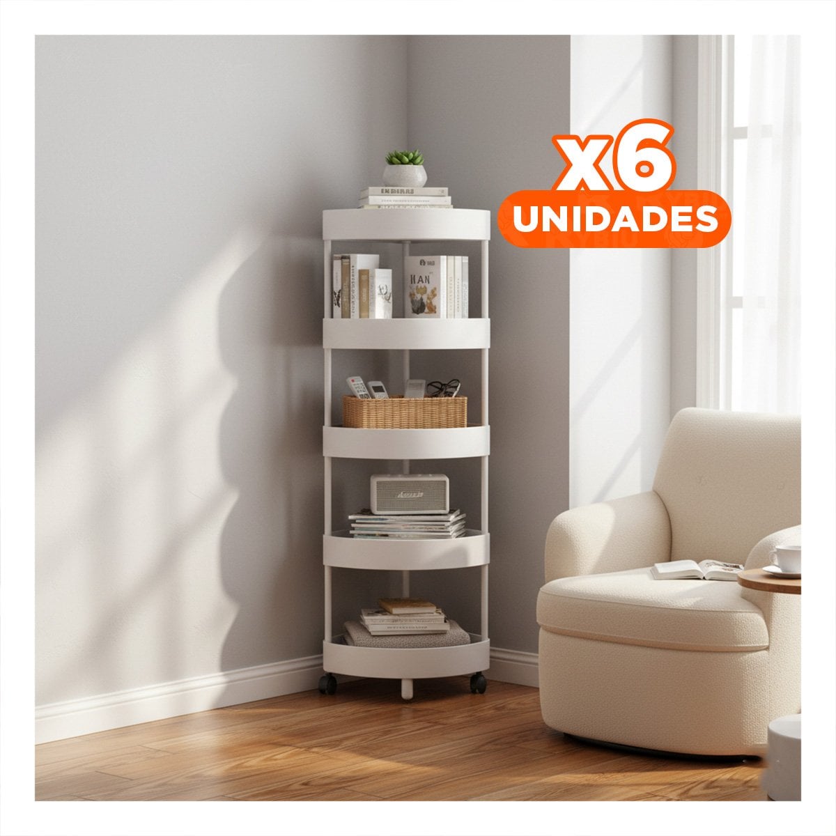 PACK6 MUEBLE ESQUINERO DE 5 NIVELES CON RUEDAS COMPACTO PARA SALA BLANCO Y+REGALO STICKER - 1
