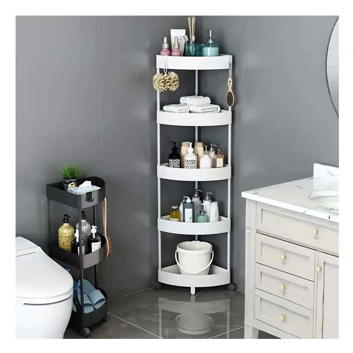 PACK6 MUEBLE ESQUINERO DE 5 NIVELES CON RUEDAS COMPACTO PARA SALA BLANCO Y+REGALO STICKER - 5