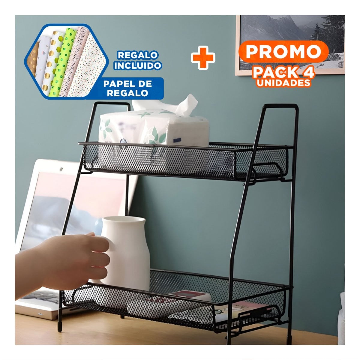 PACK4 SOPORTE 2 NIVELES MULTIUSO DISENO SIMPLE Y COMODO NEGRO Y+PAPEL REGALO - 1