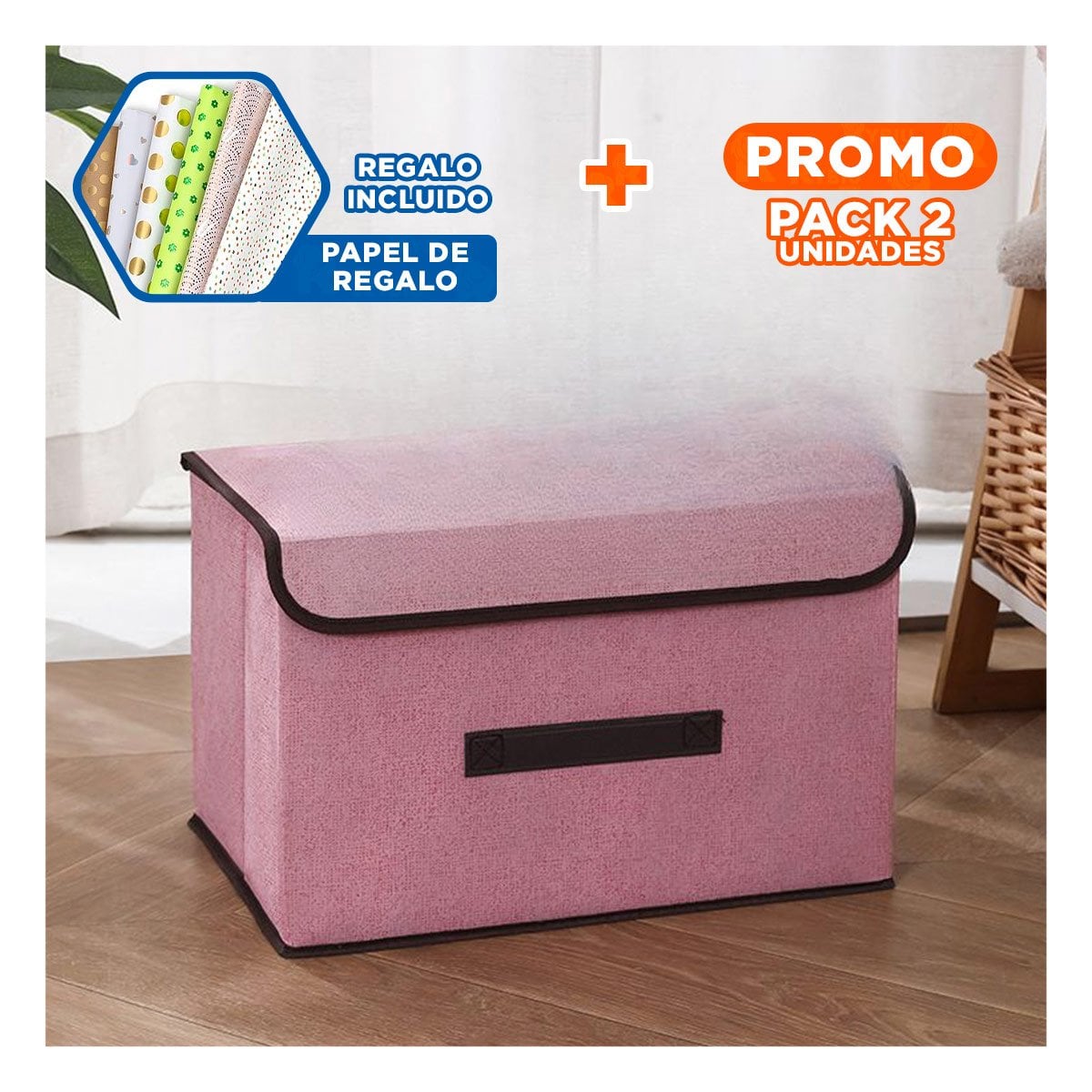 PACK2 CANASTA TEXTIL ROSADO 25X19X16CM PARA ROPA ACCESORIOS Y MAS Y+PAPEL REGALO - 1