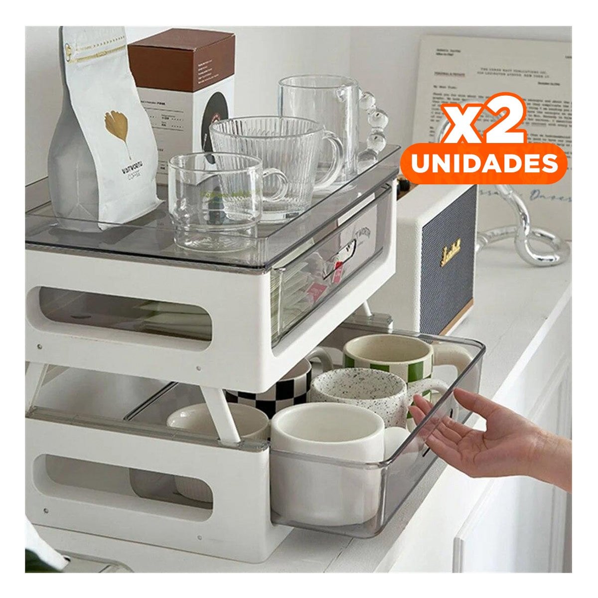 PACK2 MODULO PRACTICO DE 2 NIVELES PARA TE Y TAZAS COCINA HOGAR 39.5X27X23.5CM Y+REGALO STICKER - 1