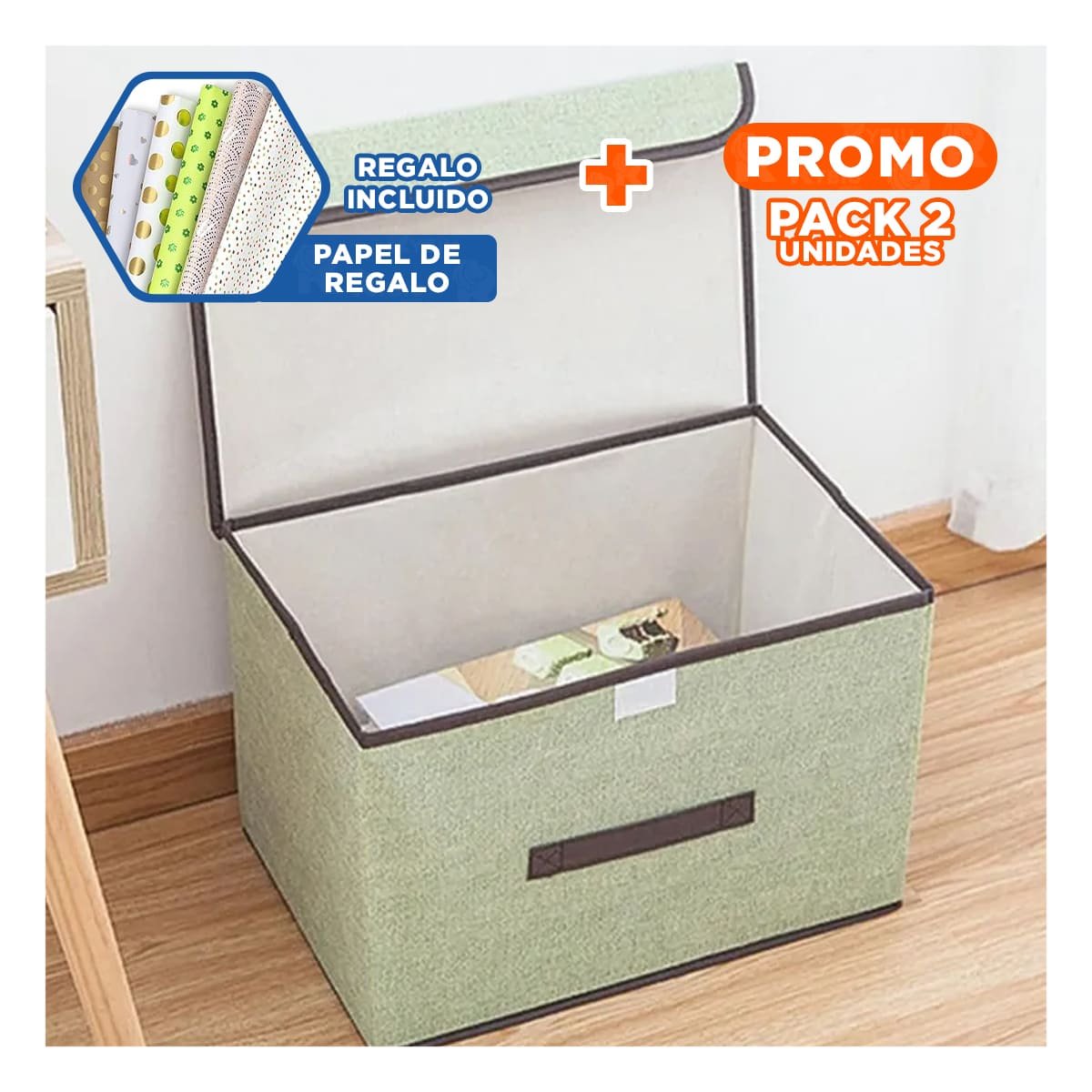PACK2 CANASTA TEXTIL VERDE 36X24X23CM PARA ROPA ACCESORIOS Y MAS Y+PAPEL REGALO - 1